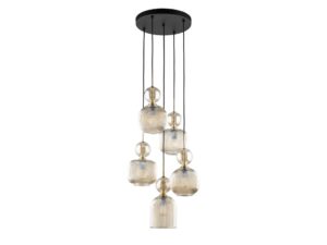 Miniaturka 6 - Lampa wisząca Sophia pięciopunktowa ze szklanymi kloszami koniakowymi, czarny i złoty stelaż