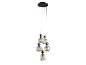 Miniaturka 2 - Lampa wisząca Sophia pięciopunktowa zielona z koniakowymi kloszami ze szkła