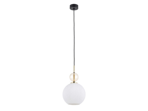 Lampa wisząca Sophia Big koniakowo-biała o wysokości 155 cm na białym tle