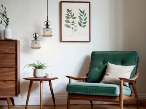 Miniaturka 17 - Lampa wisząca Sophia z zielonym detalem i zaokrąglonym walcowym kloszem w salonie