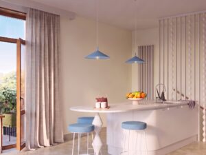 Miniaturka 14 - Lampa wisząca Sorvella 40 cm błękitny w aranżacji kuchni z jadalnią