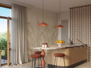 Miniaturka 89 - Lampa wisząca Sorvella 40 cm ochra czerwona w aranżacji kuchni z jadalnią