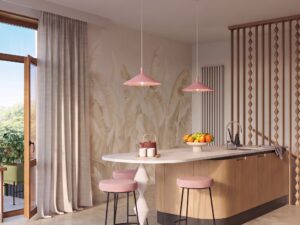 Miniaturka 66 - Lampa wisząca Sorvella 40 cm różowy w aranżacji kuchni z jadalnią