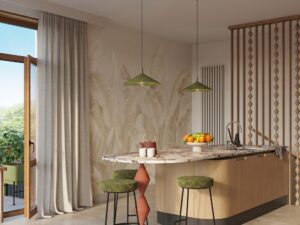 Miniaturka 97 - Lampa wisząca Sorvella 40 cm zielony oliwkowy w aranżacji kuchni z jadalnią
