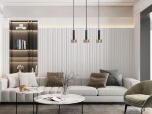 Miniaturka 3 - Lampa wisząca Stamp 3+2 czarno-złota – cała oprawa z trzema złotymi zwisami i dwoma reflektorkami