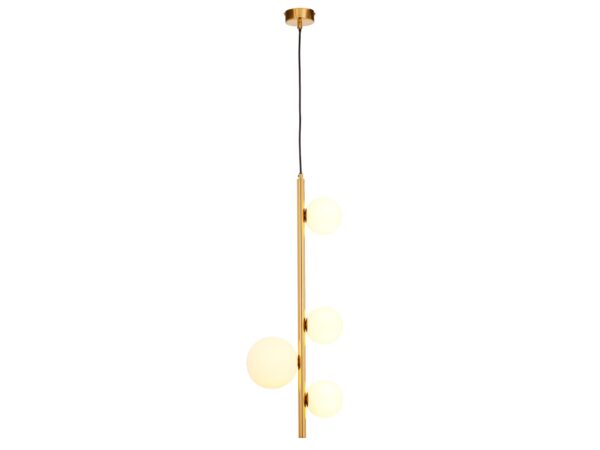Złota lampa wisząca Taida z czterema mlecznymi kulami na pionowej listwie