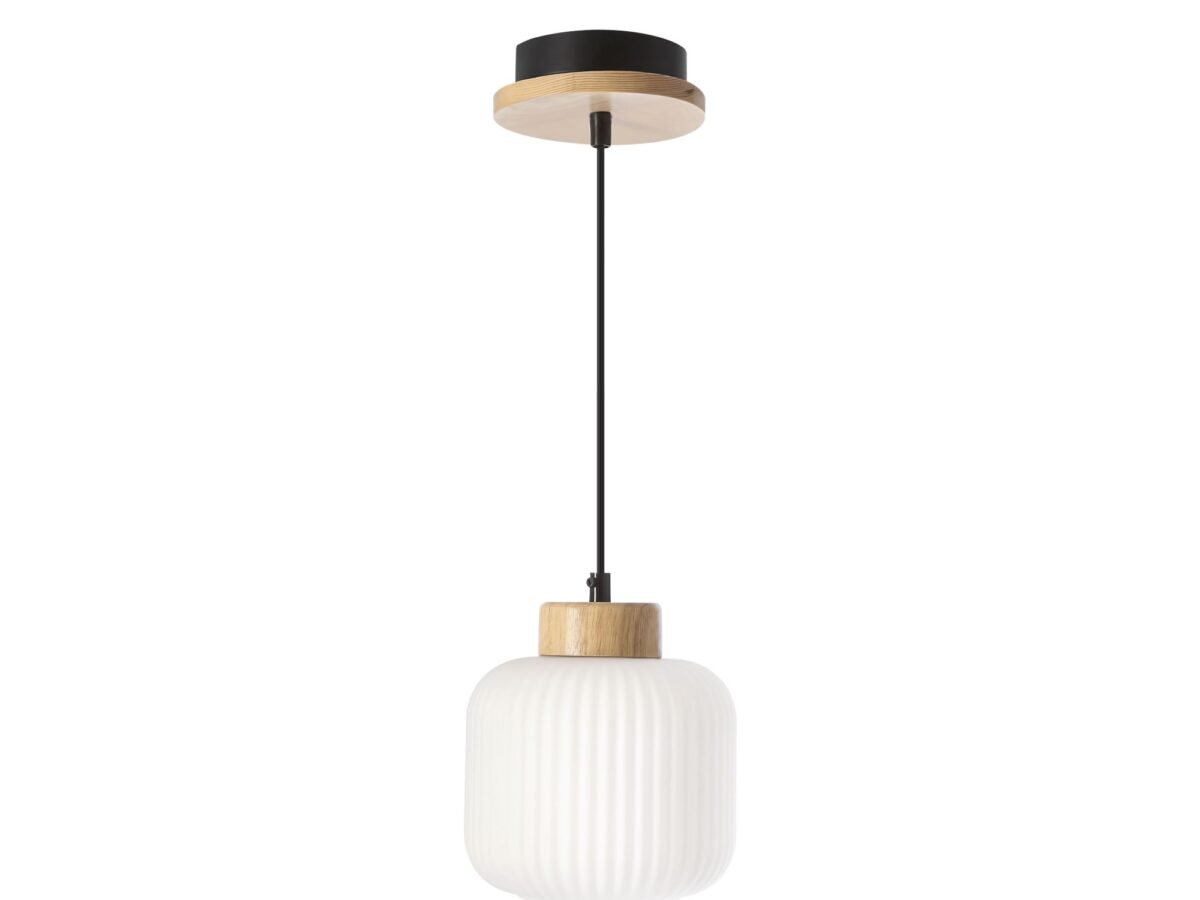 Lampa wisząca z białym ryflowanym kloszem Talamo 15 cm czarno-drewniana