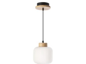 Miniaturka 2 - Lampa wisząca Talamo z białym ryflowanym kloszem i czarno-drewnianym zawiesiem