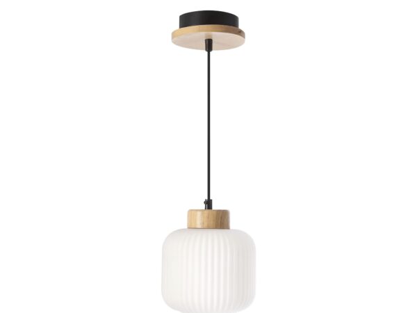 Lampa wisząca Talamo z białym ryflowanym kloszem i czarno-drewnianym zawiesiem