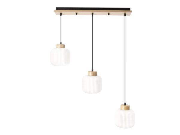Lampa wisząca Talamo trzy białe ryflowane klosze na czarnej listwie