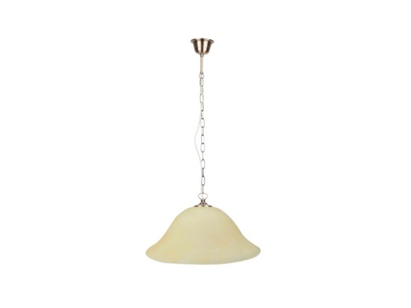 Lampa wisząca Talina z jasnym rozkloszowanym kloszem i metalowym łańcuchem na białym tle