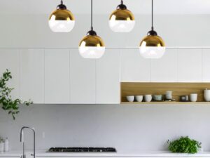 Miniaturka 1 - Lampa wisząca Talomina czteropunktowa złote klosze aranżacja
