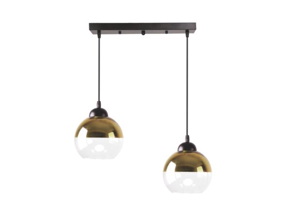 Lampa wisząca Talomina z dwoma złoto-przezroczystymi kloszami na białym tle