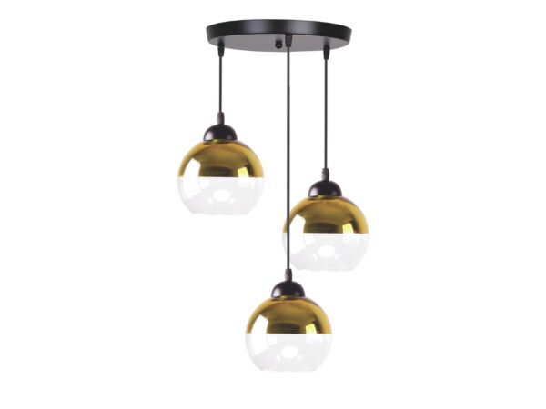 Lampa wisząca Talomina czarno-złota z trzema kloszami na białym tle