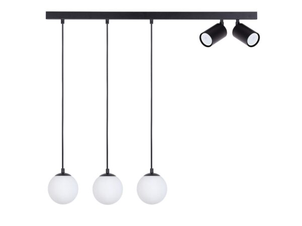 Lampa wisząca Tavira 3 + 2 czarna z trzema białymi szklanymi kulami i dwoma reflektorami