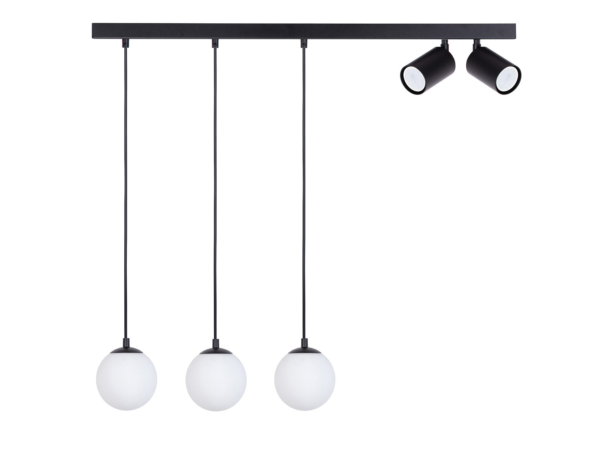 Lampa wisząca Tavira 3 + 2 czarna z trzema białymi kulami i dwoma ruchomymi reflektorami