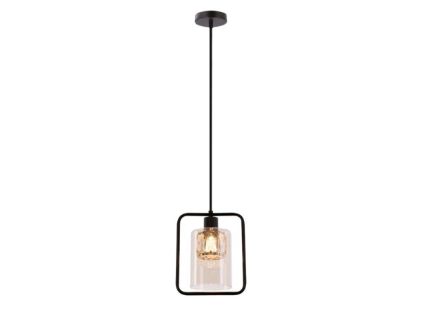 Lampa wisząca Telasa z czarnym stalowym zawieszeniem i bursztynowym szklanym kloszem na białym tle