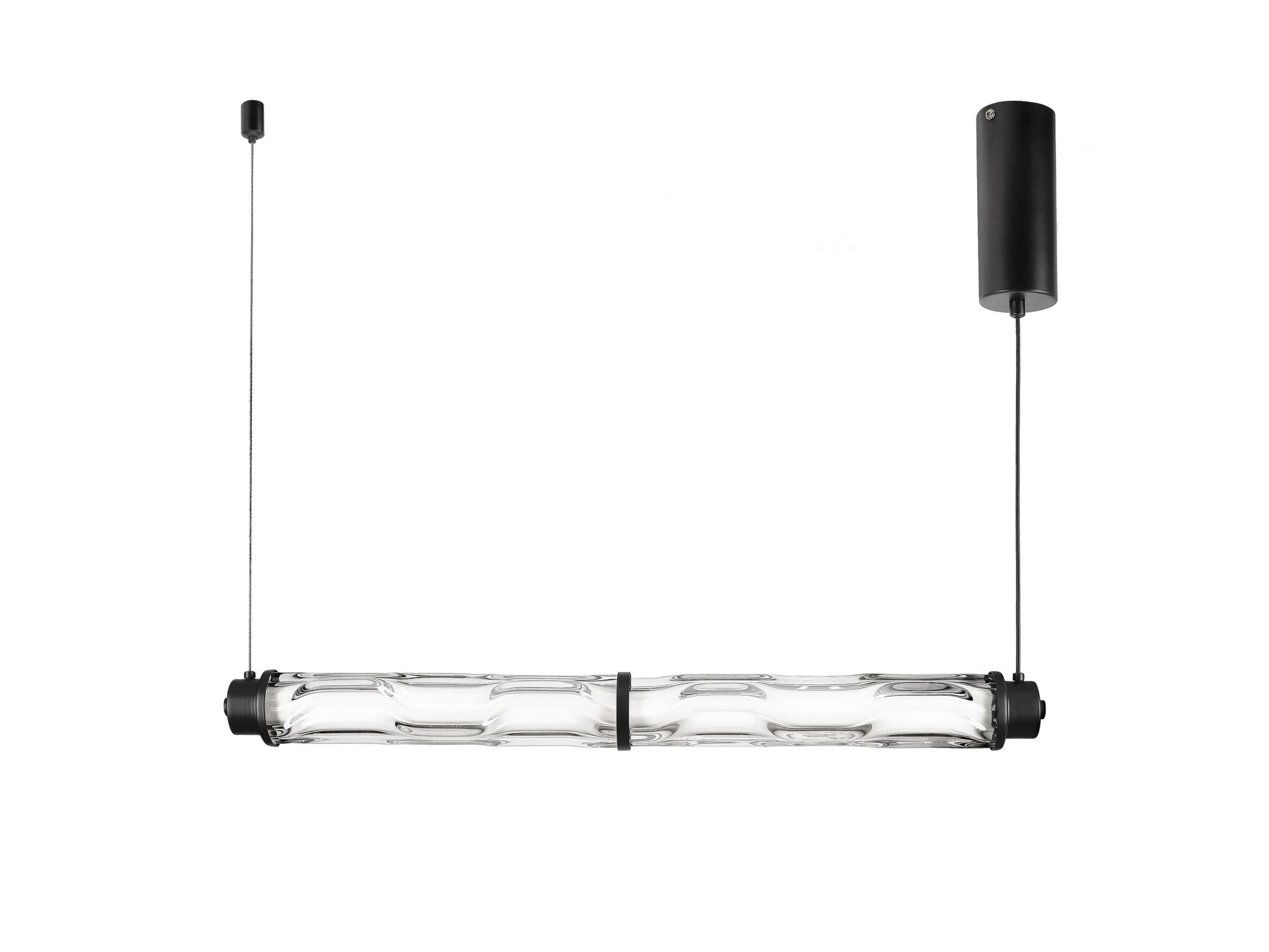 Lampa wisząca Telimio z przezroczystą ryflowaną tubą szklaną i czarnymi zawiesiami