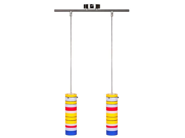 Dwupunktowa lampa wisząca Telivora nikiel z kolorowymi pasami na kloszach