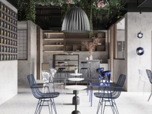 Miniaturka 9 - Lampa wisząca Telma 50 M srebrna zawieszona nad stolikami w aranżacji wnętrza