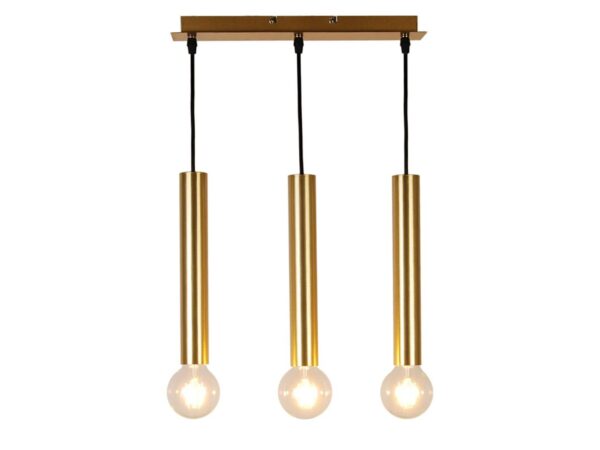 Złota lampa wisząca Telovora z trzema długimi cylindrycznymi oprawami E27 na czarnych przewodach