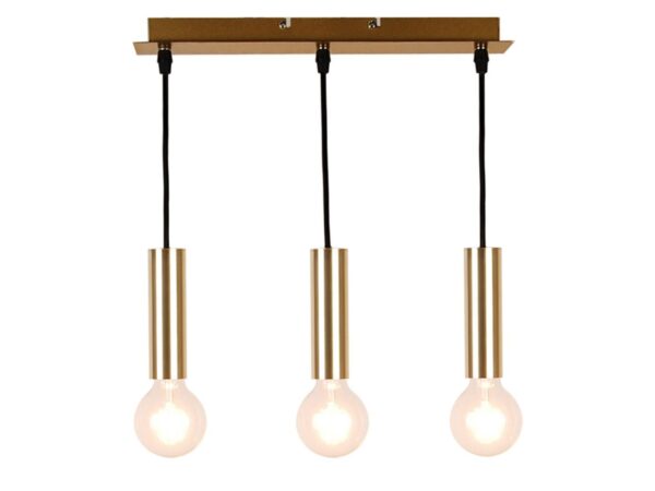 Złota trójpunktowa lampa wisząca Telovora z trzema cylindrycznymi oprawami