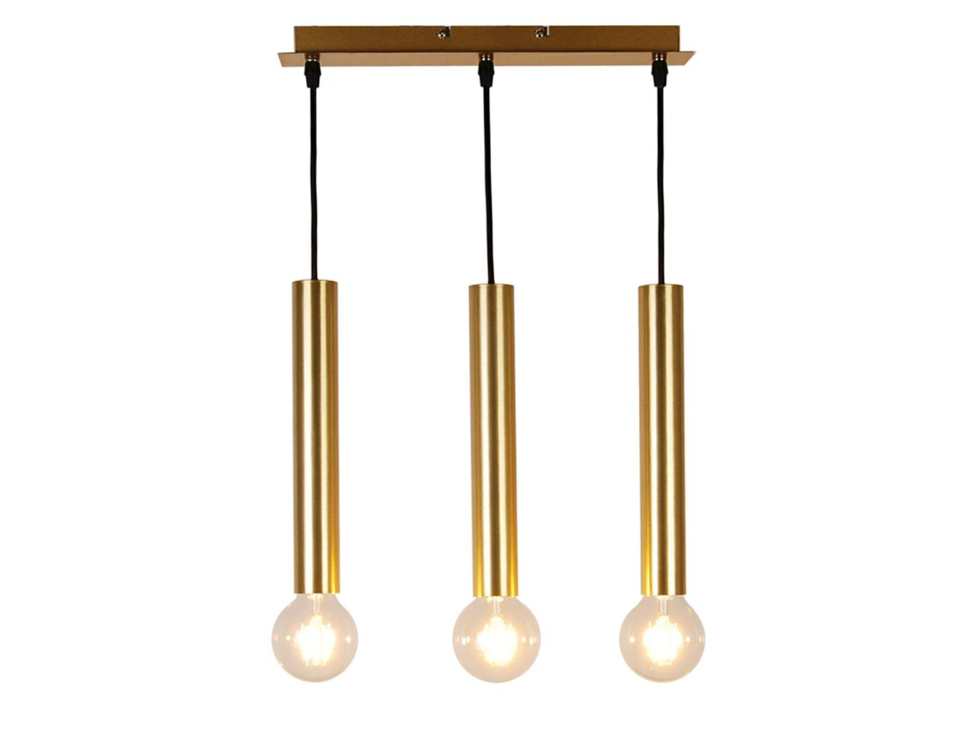Złota lampa wisząca Telovora z trzema długimi cylindrycznymi oprawami E27 na czarnych przewodach