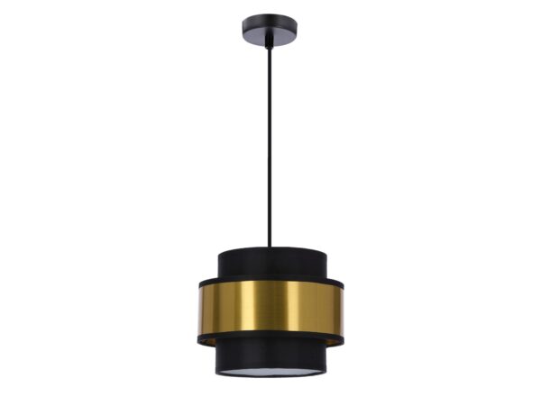 Lampa wisząca Teritora czarna z szerokim złotym pasem na cylindrycznym abażurze