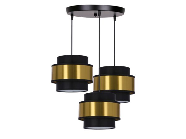 Lampa wisząca Teritora z trzema czarno-złotymi abażurami na białym tle