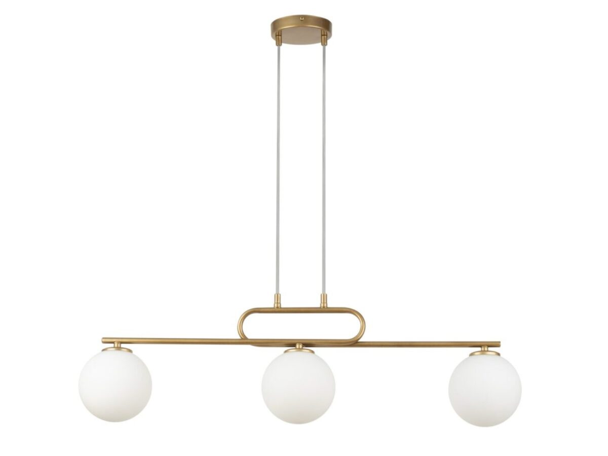Lampa wisząca Tes 3 złota liniowa 3-punktowa z białymi kulami