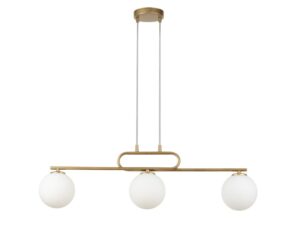 Miniaturka 2 - Lampa wisząca Tes 3 złota, trzy białe szklane kule pod poziomym stelażem i rozeta na białym tle