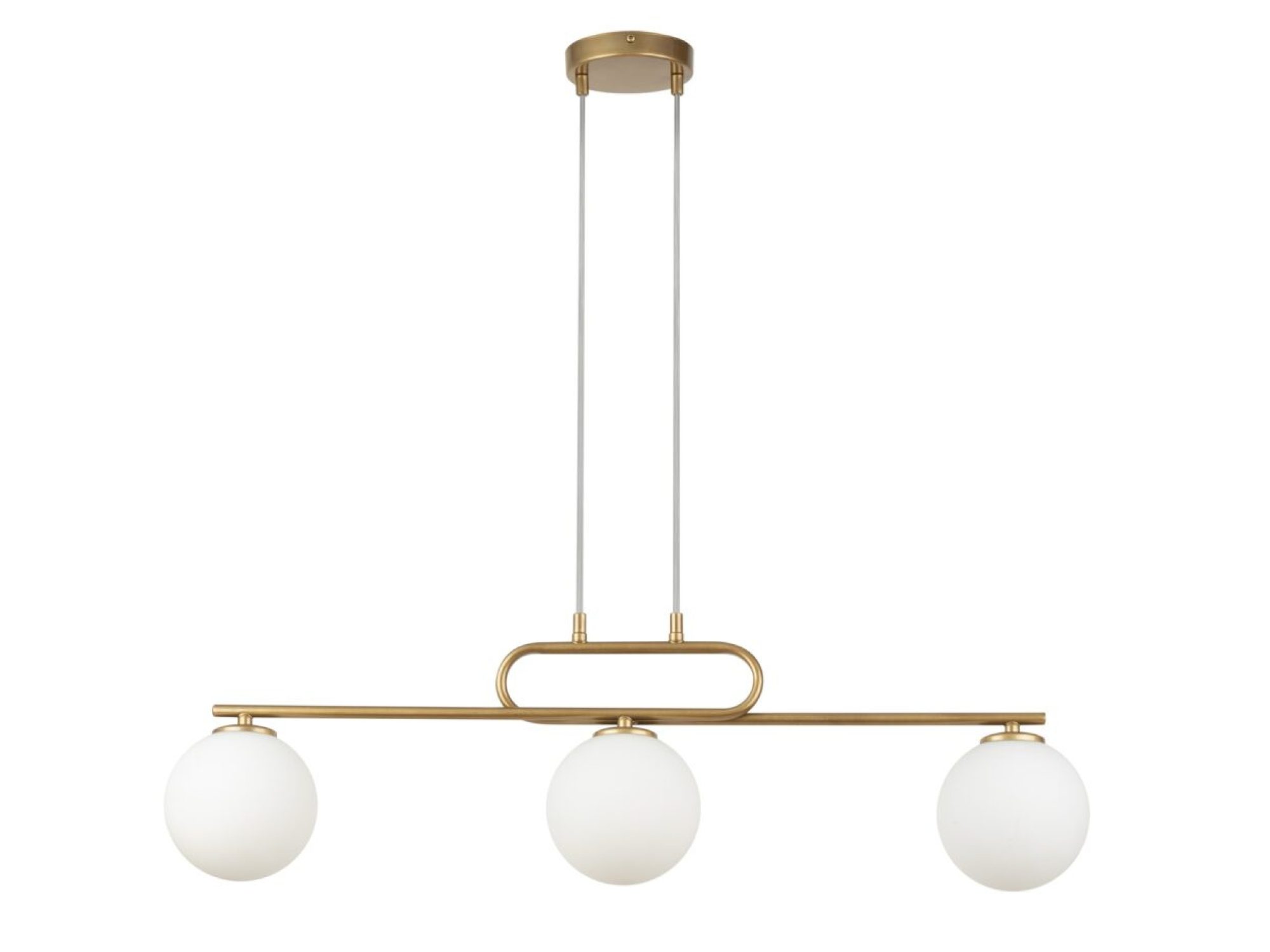 Lampa wisząca Tes 3 złota z trzema białymi szklanymi kulami na białym tle