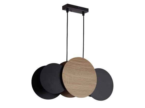 Lampa Tola 3 LHDF czarna i dąb, trzy oprawy E27 na dwóch przewodach pod czarną rozetą
