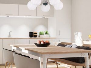 Miniaturka 2 - Lampa wisząca Toridira pięć białych kloszy nad stołem