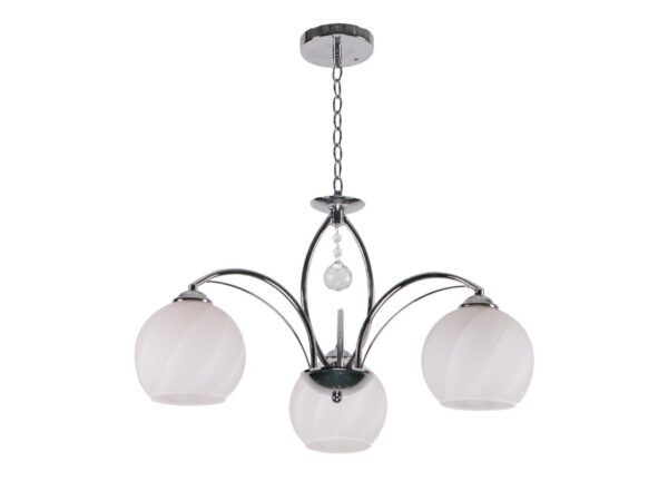 Lampa wisząca Toridira z trzema białymi szklanymi kloszami i srebrnym stelażem