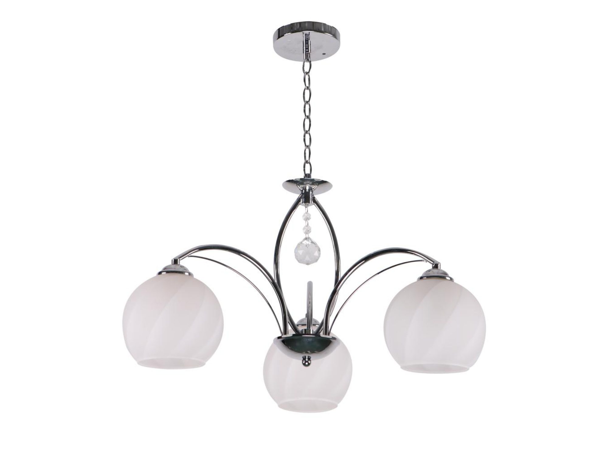 Lampa wisząca Toridira z trzema białymi szklanymi kloszami i srebrnym stelażem