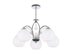 Miniaturka 3 - Lampa wisząca Toridira z pięcioma białymi kloszami i chromowanymi ramionami na białym tle