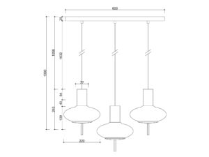 Miniaturka 4 - Rysunek wymiarowy lampy TORNI A 3L listwa 60 cm wysokość 130 cm