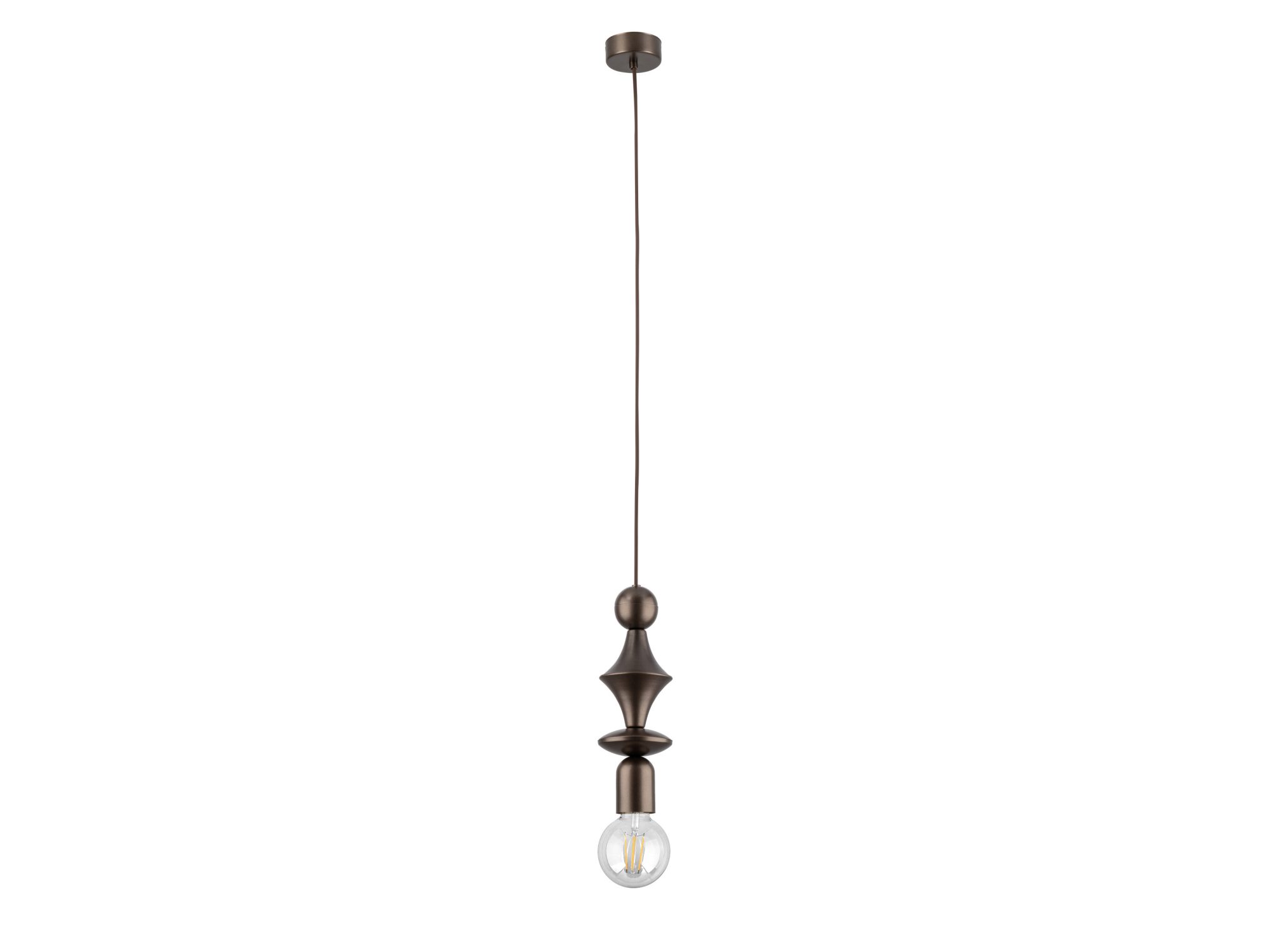 Lampa wisząca Tower brązowa, widok smukłej geometrycznej konstrukcji