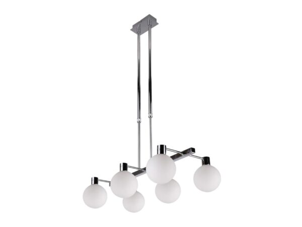 Chromowana lampa wisząca Uladena z sześcioma białymi szklanymi kulami