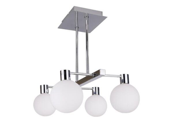Lampa wisząca Uladena chromowana z czterema białymi kulistymi kloszami G9