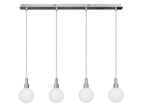 Lampa wisząca Uladena z czterema białymi szklanymi kloszami i metalowym zawiesiem