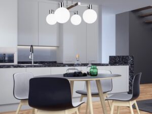Miniaturka 1 - Lampa wisząca Uladena cztery białe kule na chromowanym zawieszeniu nad stołem