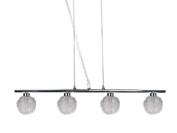 Lampa wisząca Ulasena 4×G9 z czterema kulistymi kloszami w srebrnym oplocie na chromowanej belce