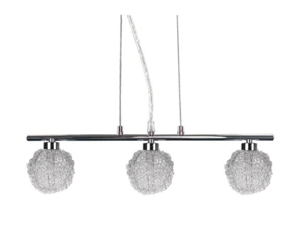 Lampa wisząca Ulasena 3×G9 z trzema kulistymi kloszami w srebrnym metalowym oplocie i chromowaną belką
