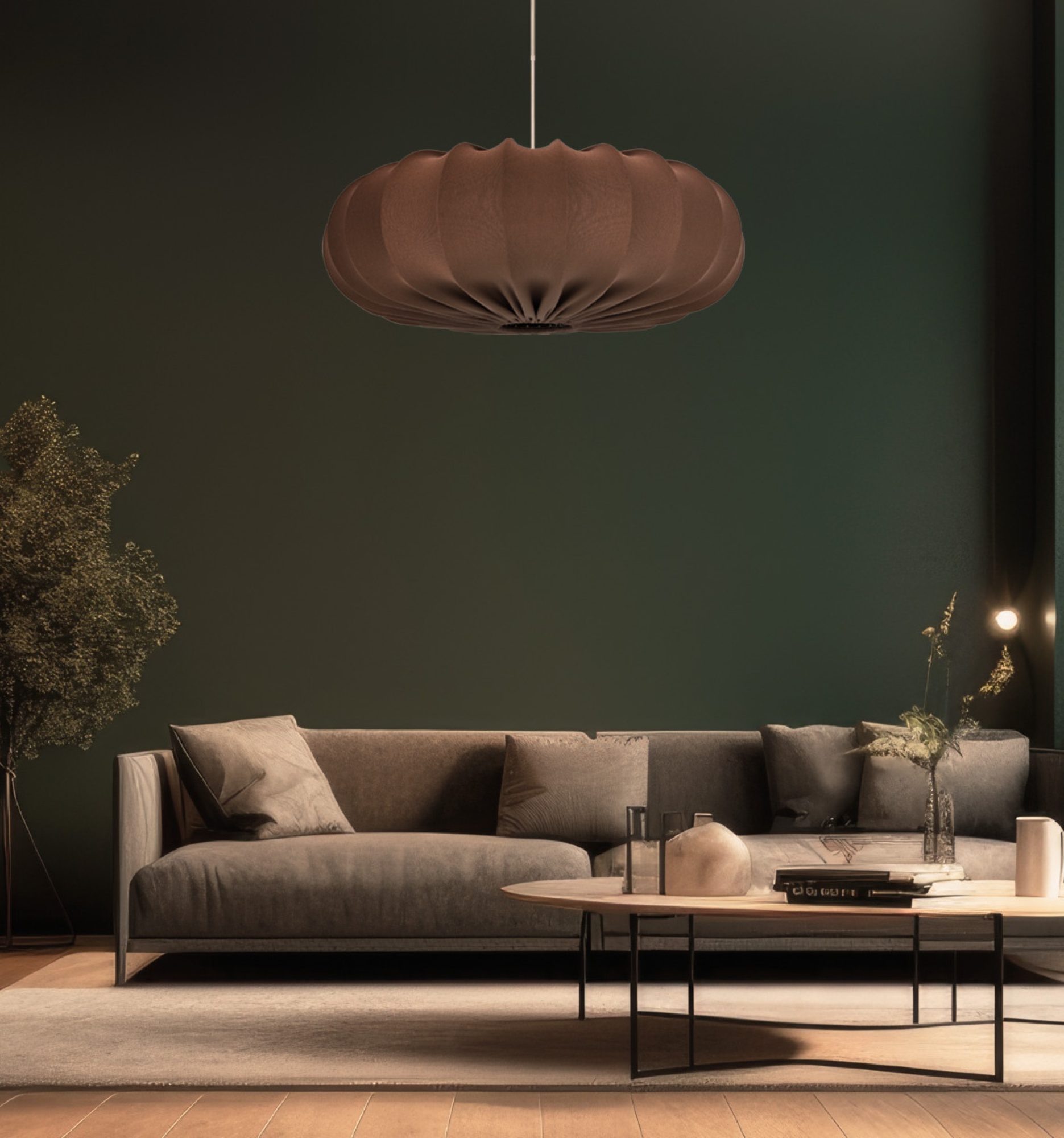 Lampa wisząca Ulidino mokka w ciemnym salonie