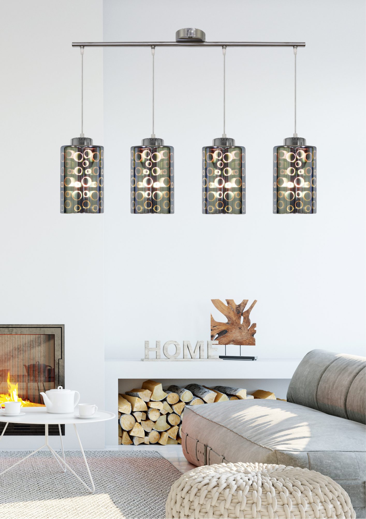 Lampa Ulosio z czterema szklanymi kloszami w jasnym salonie.