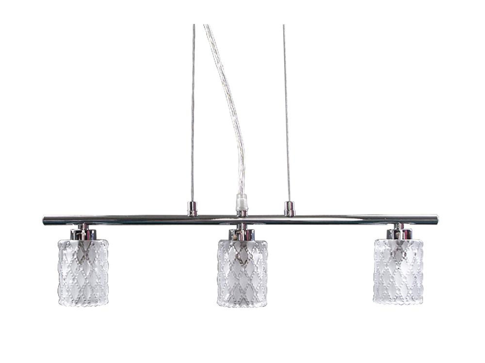 Lampa wisząca Ulovio z trzema wzorzystymi szklanymi kloszami i chromowaną belką na białym tle