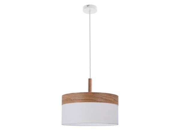 Lampa wisząca Valinio z białym abażurem i pasem drewnianego forniru