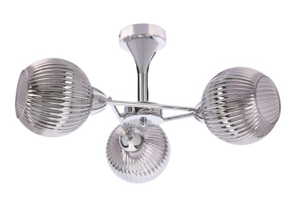 Lampa wisząca Valisena srebrna z trzema szklanymi kloszami o lustrzanej powierzchni na białym tle